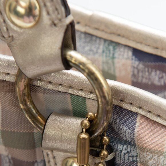 Coach Poppy Daisy Signature Madras Plaid Print Pink Rocker 2-Way Tote Bag Gold - Picture 12 of 13